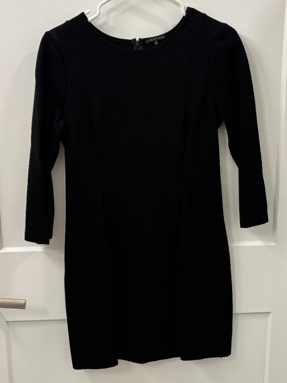 Theory Black Shift Dress Size 8 3/4 Sleeve Stretch Cocktail Mini Dress Back Zip